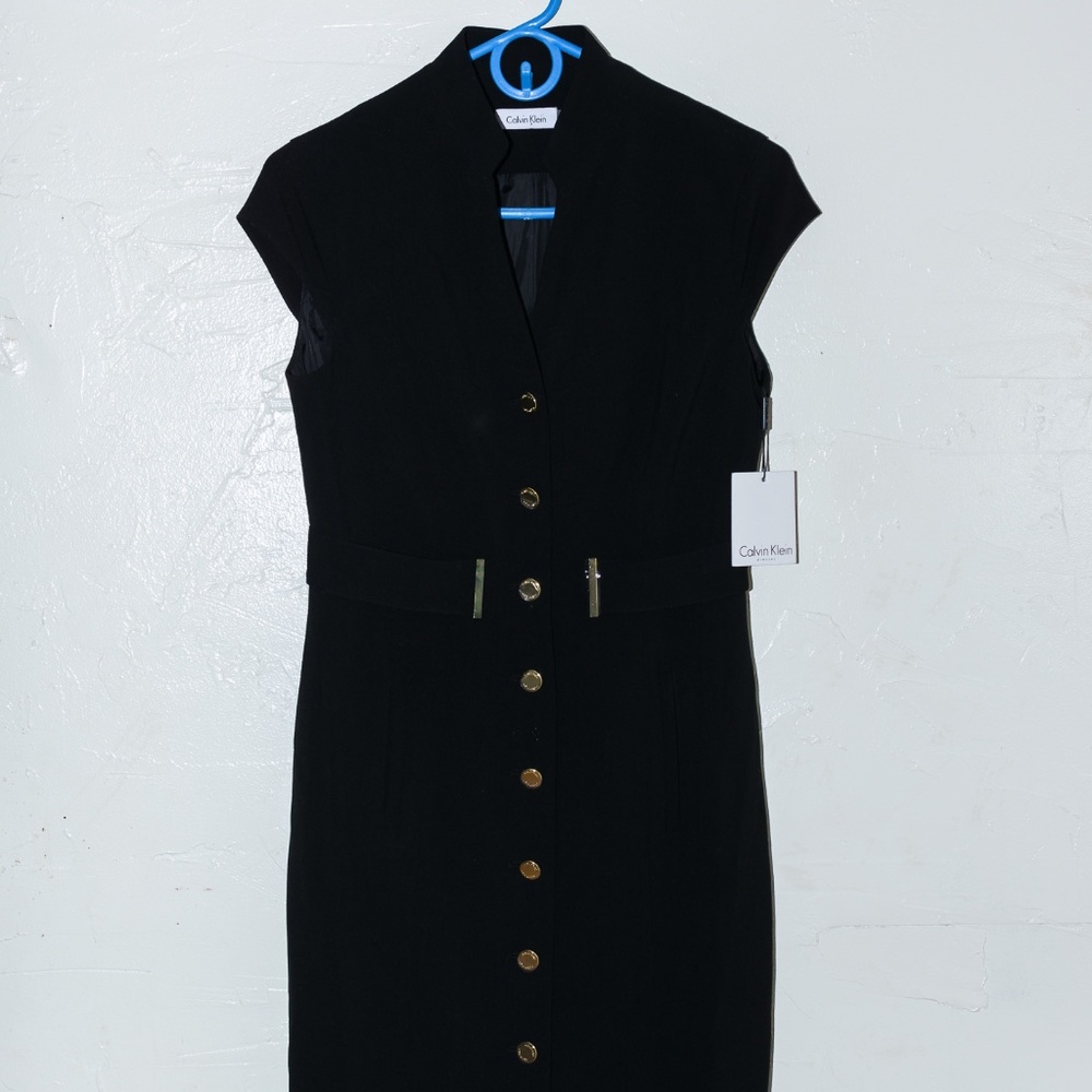CALVIN KLEIN CAP SLEEVE BELTED BUTTON DRESS